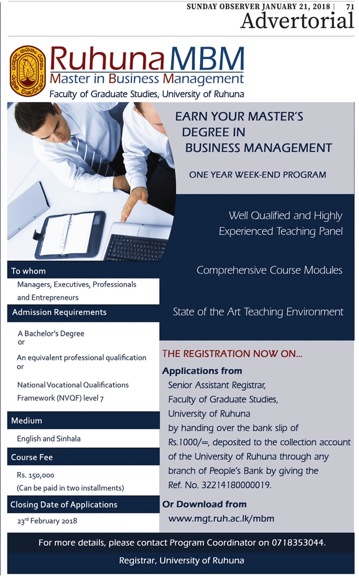 Masterâ€™s Degree in Business Management - Faculty of Graduate Studies - University of Ruhuna